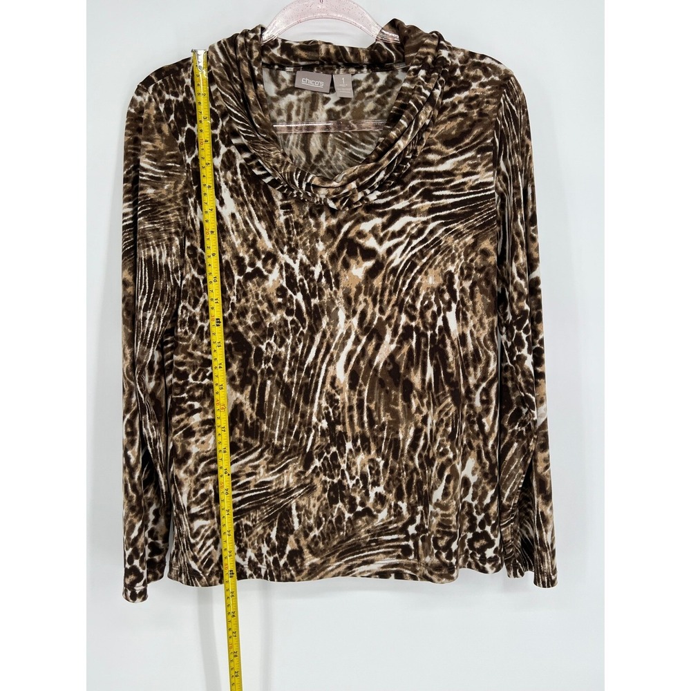 Chico's Animal Print Cowl Neck Long Sleeve Top Blouse Brown White Size 1 - Picture 2 of 10
